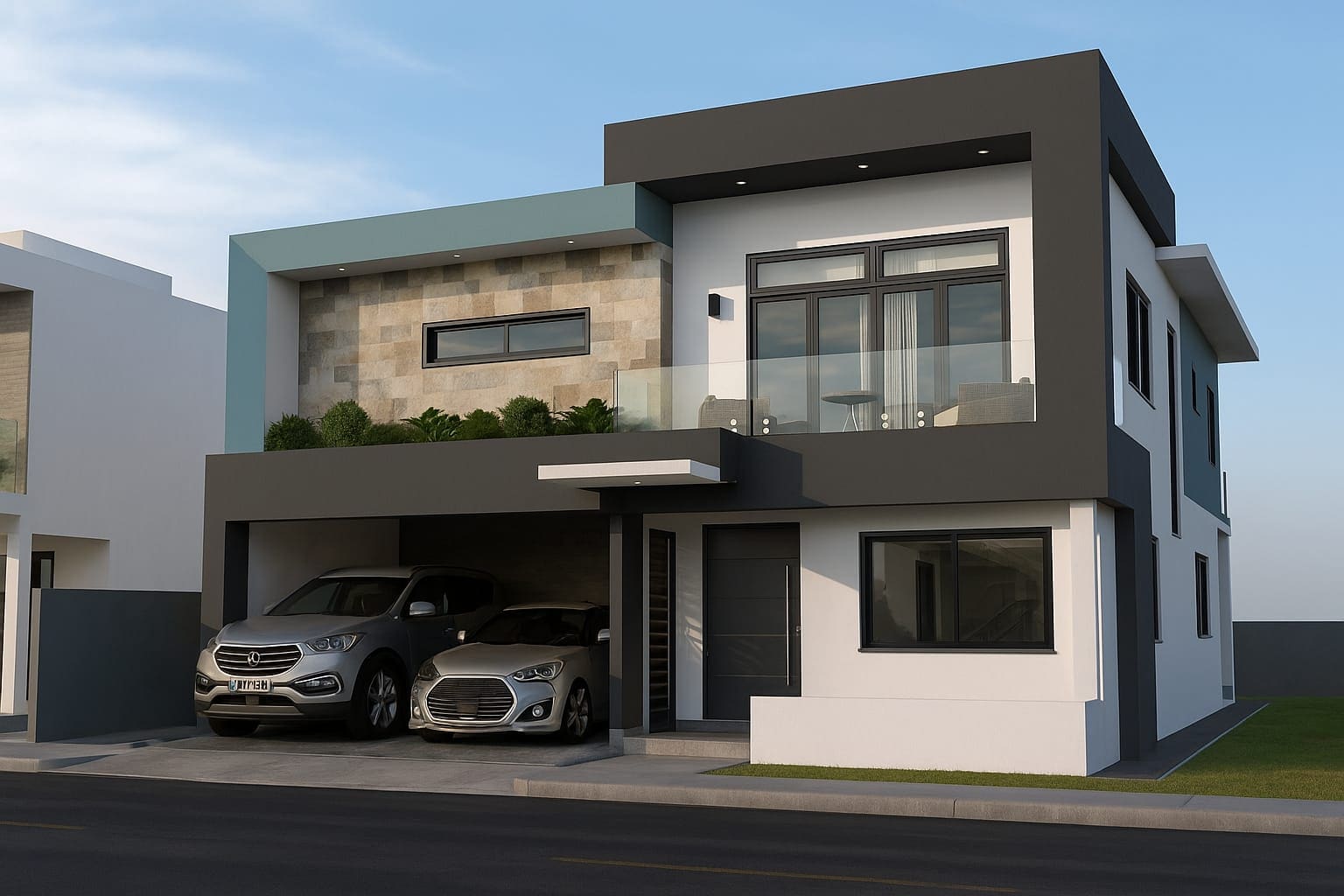 Fachada de la Casa Medrano: dos niveles de volumetría moderna, marquesina para dos vehículos y balcón con barandal de cristal