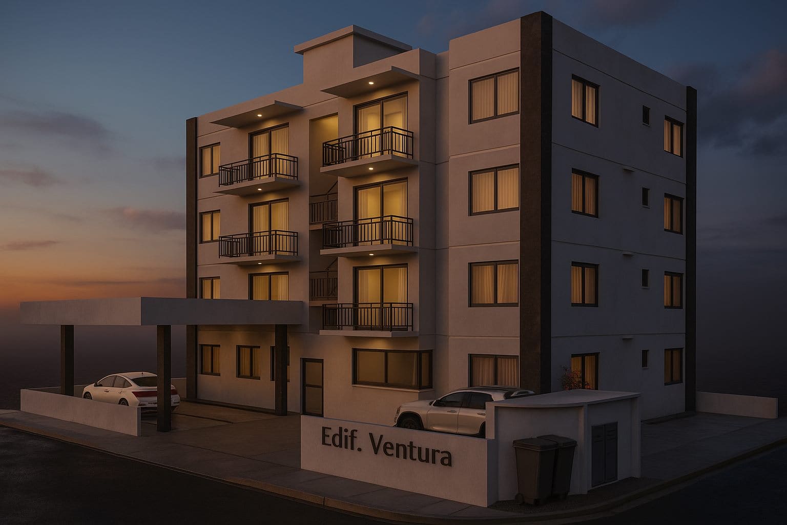 Fachada del Edificio Ventura al atardecer, cuatro niveles con balcones y las ventanas iluminadas
