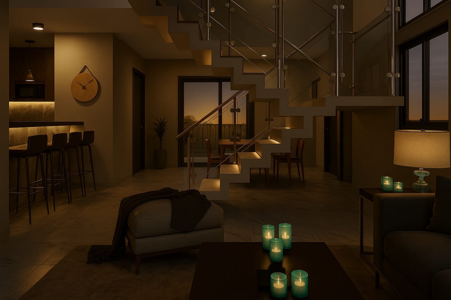 Sala y escalera de la Casa Medrano de noche, con la iluminación de ambiente encendida