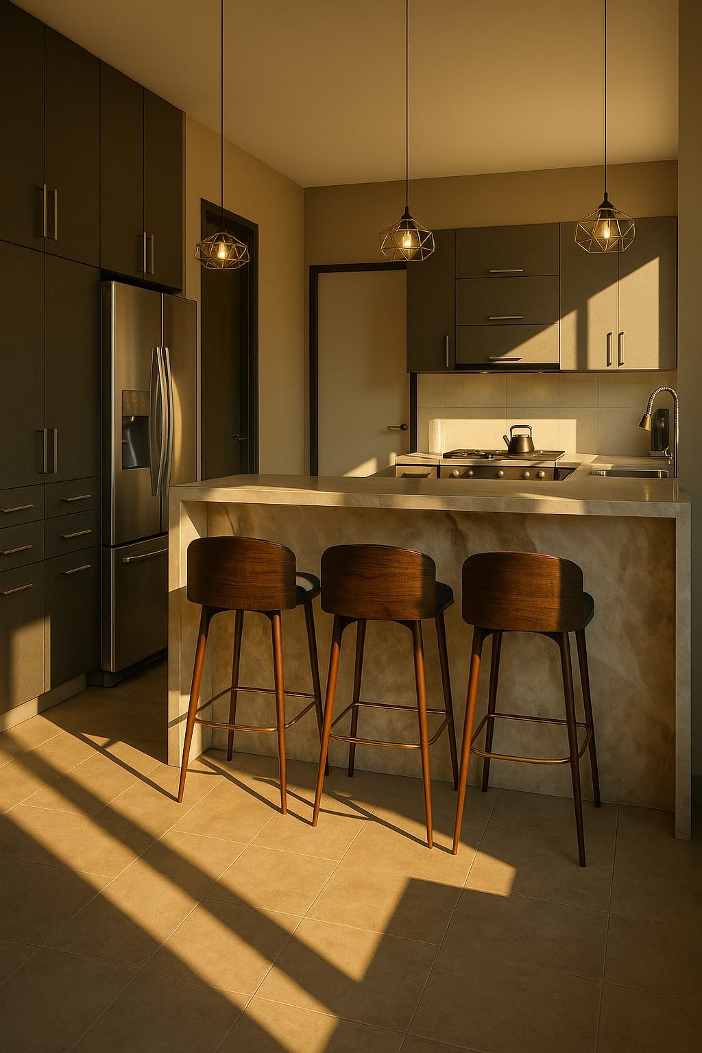 Cocina de la Casa Medrano con isla, tres taburetes y lámparas colgantes