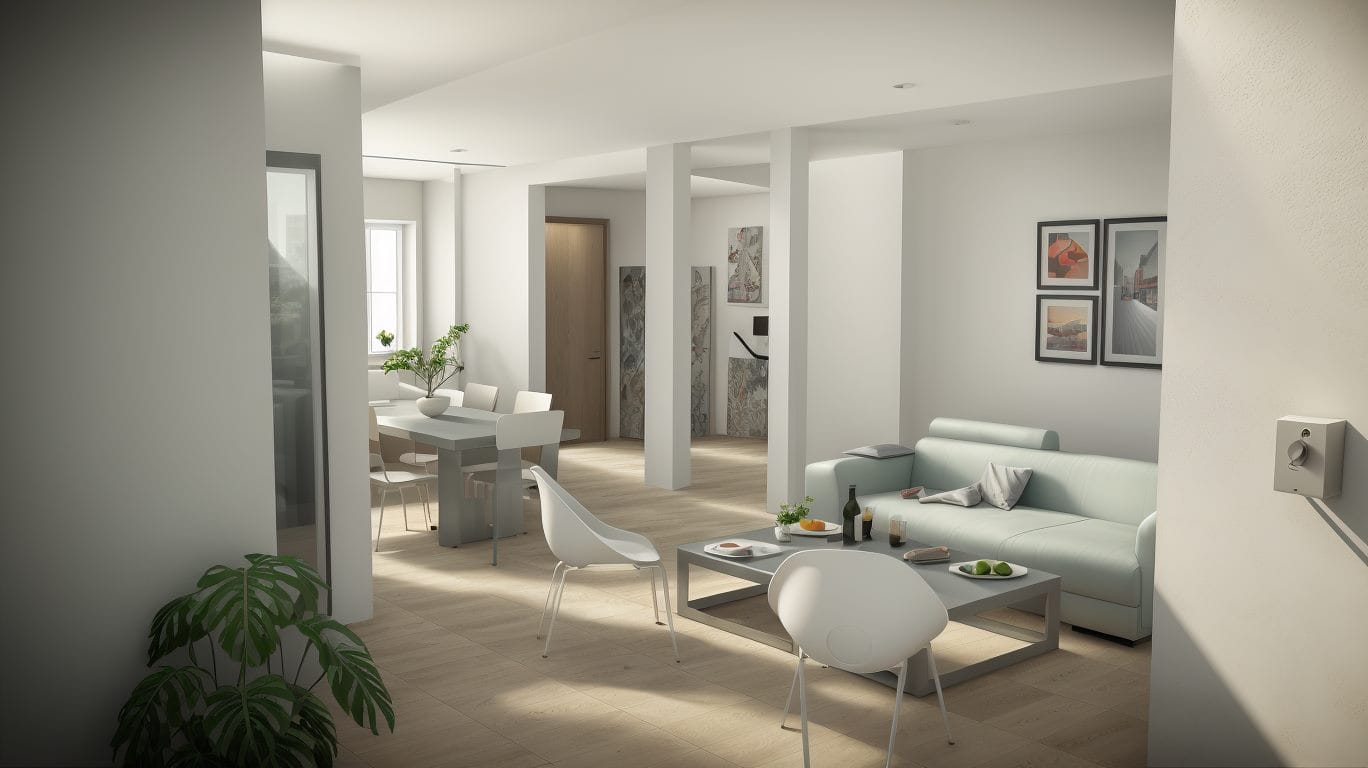 Interior de un apartamento tipo: sala y comedor en planta abierta con luz natural